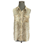 Very J Women's Gold Tan Animal Print Button Front Blouse S Beaded Rhinestone VG