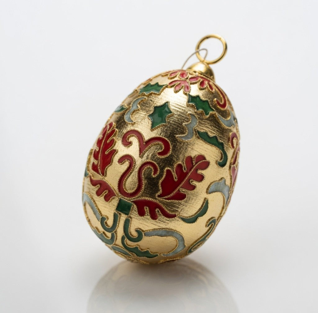 Cloisonne Enamel Egg Ornament Gold Red Green Floral Design Christmas Decor VG