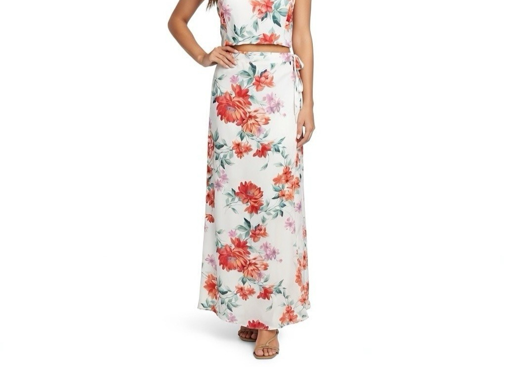 Lulus White Red Pink Floral Maxi Wrap Skirt Size S-M NWT