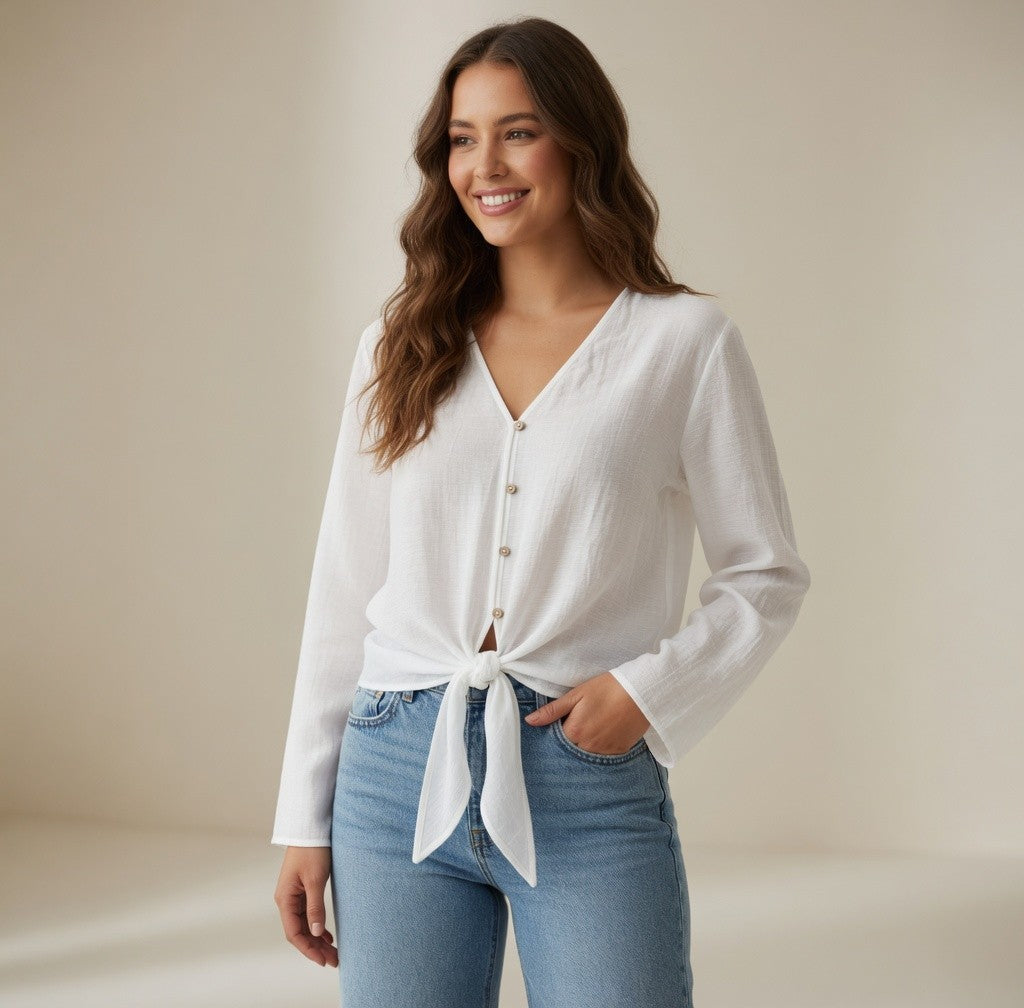 MNG Mango White Sheer Long Sleeve Knot Front Blouse Top Size 4