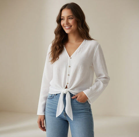 MNG Mango White Sheer Long Sleeve Knot Front Blouse Top Size 4