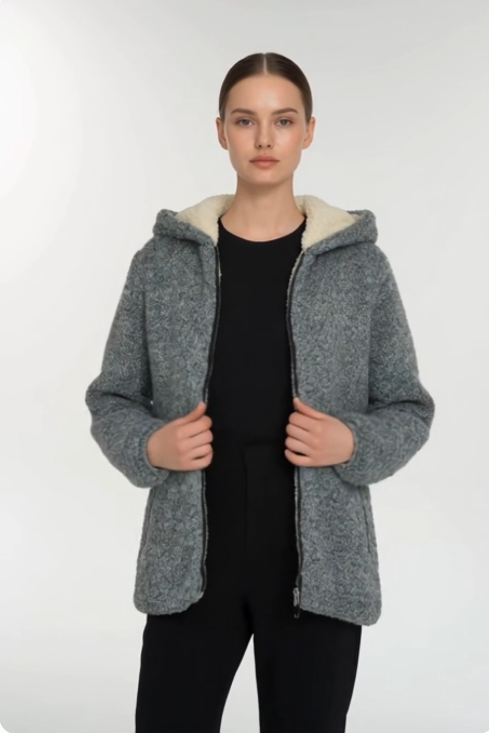 ZARA Trafaluc Women's Grey Teddy Bear Wool Blend Jacket Size M Hooded Quilted VG