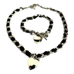 Women’s Brown Leather Silver Heart Necklace & Bracelet Jewelry Set Gift Box