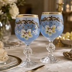 Vintage Bohemian Crystal Enameled Light Blue Wine Goblets Hand-Painted Floral VG