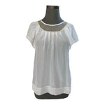 MK2K Womens Top M White Satin Beige Lace Short Sleeve Ruffle Blouse Crewneck VG