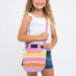 Girl's Boho Crochet Striped Small Crossbody Purse Pink Summer Beach Bag 8x9"