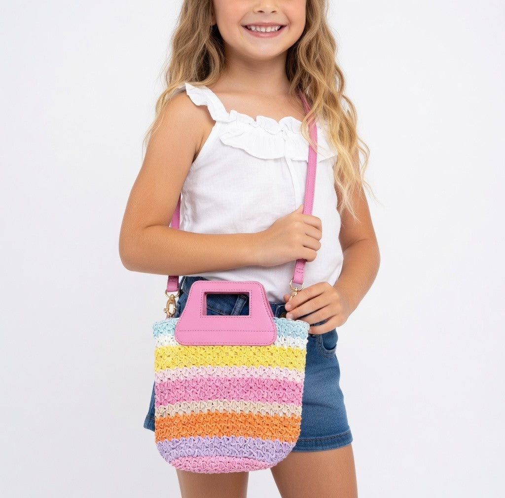 Girl's Boho Crochet Striped Small Crossbody Purse Pink Summer Beach Bag 8x9"