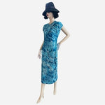 Boss Hugo Boss Etall Women's Blue Watercolor Print Ruched Midi Dress L NWOT