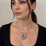 Vintage PCI Citrine Gemstone Scalloped Pendant Necklace 16" Silver Gold Tone VG
