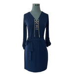 MICHAEL KORS Womens Dress M Navy Blue Midi Gold Chain Lace Up Belted Flowy NWOT