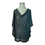 ALFANI Womens Blouse S/M Black Sequin Sparkle Mesh Top Short Sleeve Cowl Neck VG