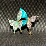 Vintage Blue Green Crystal Butterflies Brooch 2"x1.25" Gold Tone Pin Excellent