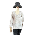 HALOGEN Womens Balloon Sleeve Blouse M Champagne Glitter Velvet V Neck Top EXC