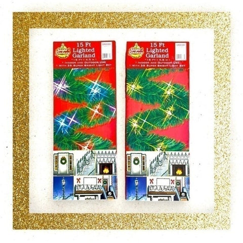 Pair of Lighted Christmas Garland 15ft 35 Super Bright Lights Indoor Outdoor NIB