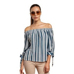 Velvet Torch Women's Off Shoulder Striped Top M Blue White Cotton Knot Sleeve VG