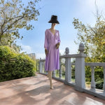 Lilac White Dot Fit Flare Maxi Dress L V-Neck Long Sleeve Prom Cocktail EXC