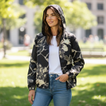 Womens Reversible Hoodie L Floral Black White Beige Zip Front Sheer Cardigan VG