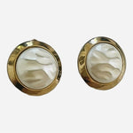 Vintage Gold White Button Clip-On Earrings 1" Ribbed Glass Metal Textured Good