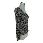 HANKY PANKY Womens Black Gold Floral Lace Blouse S Long Sleeve Scoop Neck Top G+