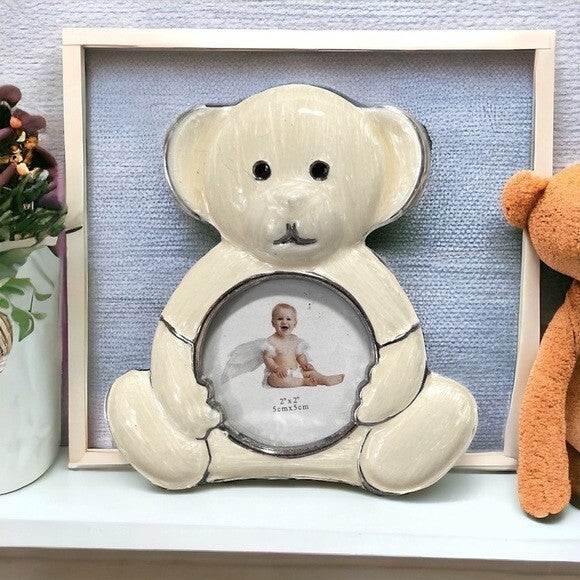 Silver Plated Teddy Bear White Photo Frame 2x2" Tabletop Child's Picture NWT
