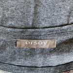 Orsay Women's Gray Satin Lake Boat Print Blouse M Short Sleeve Crew Neck Good