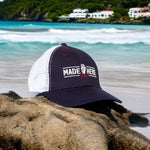 MADE HERE Uncle Sam Blue White Cotton Twill Mesh Back Snapback Trucker Baseball