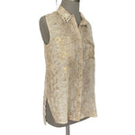 Very J Women's Gold Tan Animal Print Button Front Blouse S Beaded Rhinestone VG