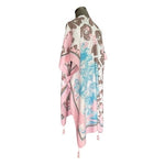 Womens Swimsuit Cover Up Blue Pink Floral Hawaiian Fringe Open Front Tunic OS VG
