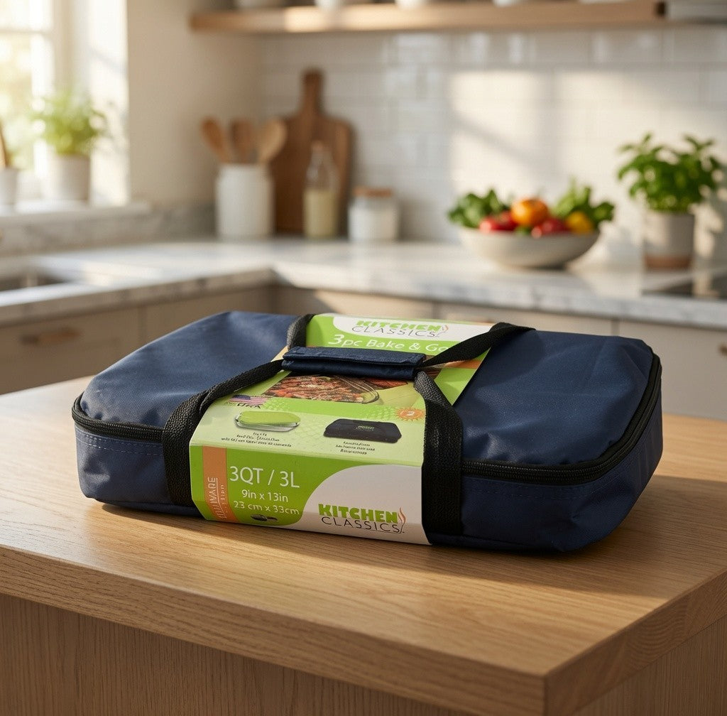 Kitchen Classics 3pc Bake Go Set Glass Baking Dish Insulated Tote NWT