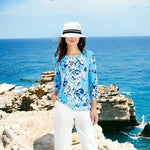 JM Collection Women's Blue Floral Jacquard Blouse XXL 3/4 Sleeve Scoop Neck VG