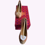 TORY BURCH Benton 2 Travel Leather Ballet Flats Royal Tan Gold Size 5.5 NIB