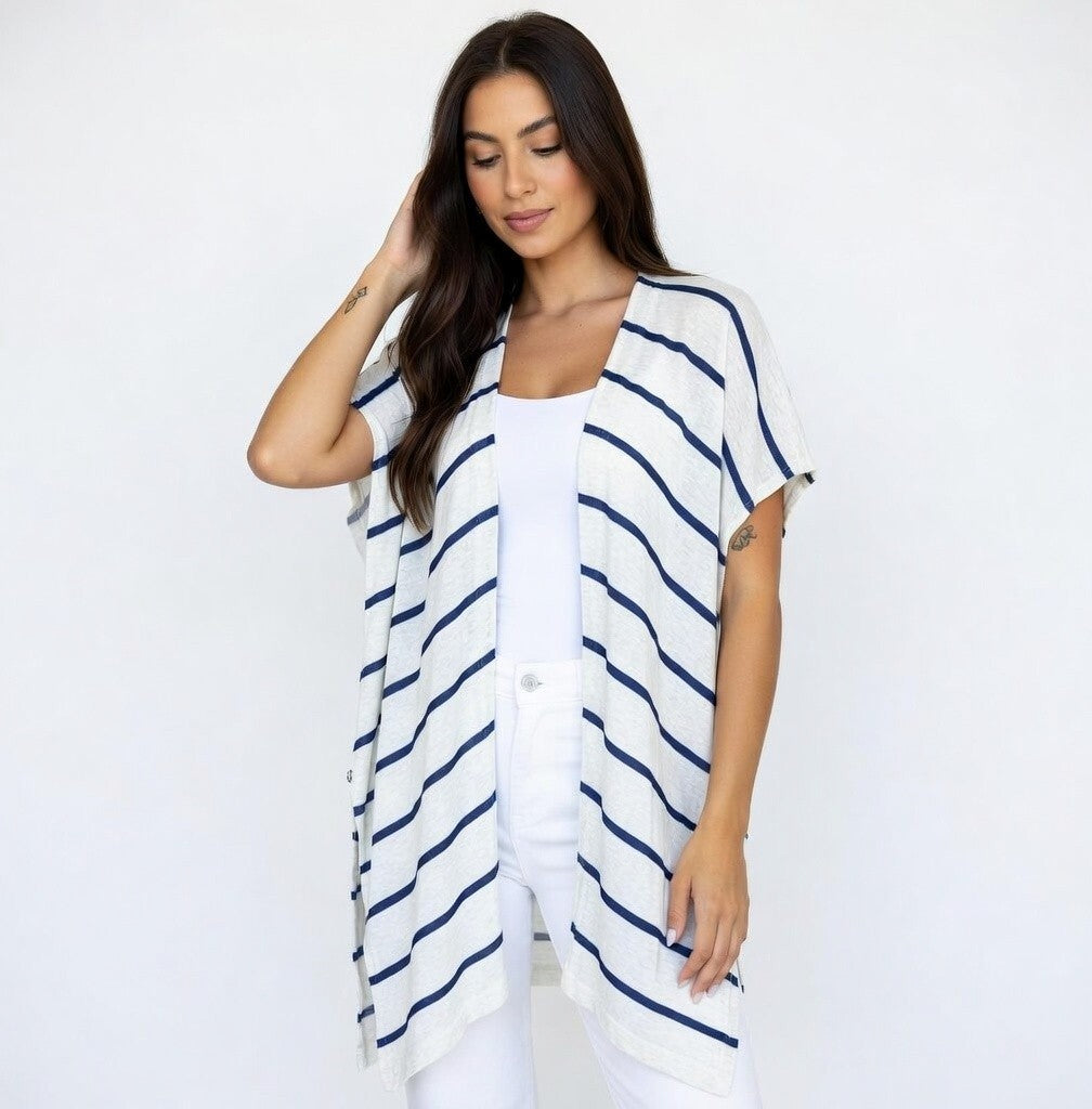 Lilly Pulitzer Linen Striped Open Front Cardigan Women's White Blue Sweater S/M