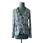 Majorelle Black Plaid Ruffle Marina Blouse XS Long Sleeve Sheer Revolve Top