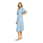 ZARA Denim Blue Button Down Dress S Midi Chambray Bell Sleeve Smocked Very Good