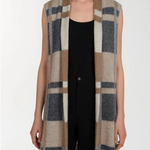 Women's 1775 Long Plaid Vest Cardigan Size M Open Front Sleeveless Tan Blue EXC