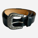 Western Cowboy Black Grain Leather Eagle Embossed Silver Brass Buckle Belt Sz 42