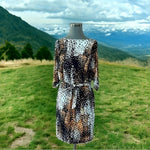 Suzi Chin Womens Abstract Print Belted Dress 6 Black Brown White Half Sleeve VG
