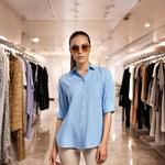 Amina Rubinacci Womens Blue Stripe Button Front Shirt 8 Cotton Cropped Sleeve VG