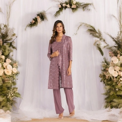 R&M Richards Donna Metallic Lace 3 Piece Pants Set Dark Rose Size 8