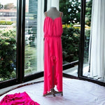 Nicole Miller Silk Cold Shoulder Maxi Dress Magenta Pink Beaded Gown Size L NWT