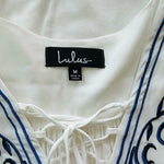 Lulus Down in Kokomo Mini Dress M White Blue Tassel Floral Embroidery Rayon EXC