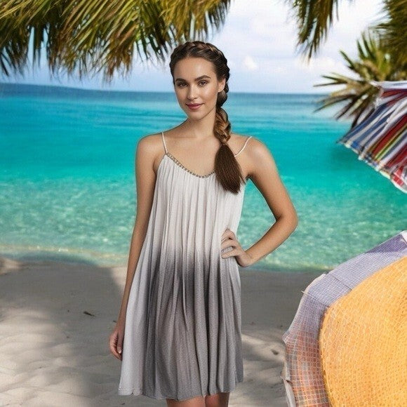 Bali Queen Women's White Grey Metallic Bead Neckline Dress Midi Rayon Adjustable