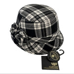 Tartan Traditions Plaid Bucket Hat Black White Flower Detail Women S/M NWT
