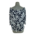 LOFT Navy Blue Floral Off Shoulder Blouse Sz M Bell Sleeve Ruffle Top 100% Rayon