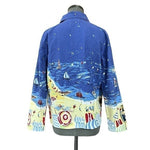 ONQUE Casuals Coastal Beach Print Zip Jacket Women M Cotton Blue Multicolor VG