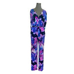 C&C Studio Royal Blue Pink Floral Print 100% Polyester Belted Zip Front Jumpsuit