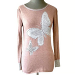 Embellished Butterfly Wool Crewneck Sweater Women’s Brown Gray Long Sleeve Sz S
