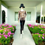 ROSSO PICANTE Womens Top S Brown Grey Animal Print Sheer Stretch Crewneck Blouse