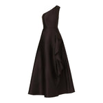 Women Dress Adrianna Papell One Shoulder Rushed Gown Blk Satin Beaded Maxi Dress