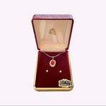 Vintage 14K Gold Plated Red White Crystal Necklace Earrings Set Oval Pendant NIB
